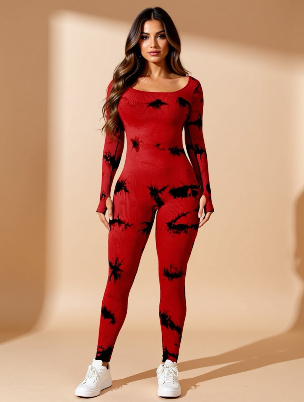 Long Sleeve Ribbed Tie-Dye Jumpsuit