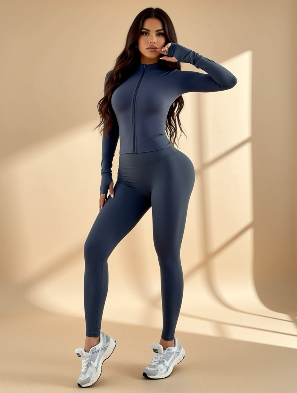 Long Sleeve Fitted Jacket & High‑Waisted Leggings Two‑Piece Workout Outfit
