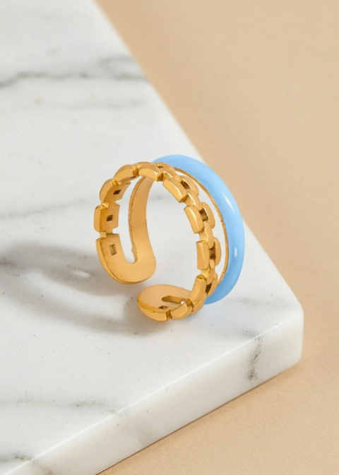 Adjustable Enamel Statement Ring in Gold or Silver, Blue or White Accent