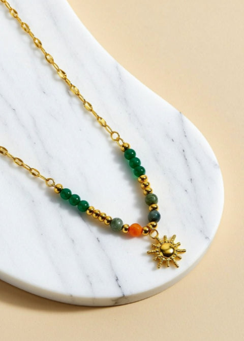 18-Inch 18K Gold-Plated Sun Pendant Necklace with Colorful Beads