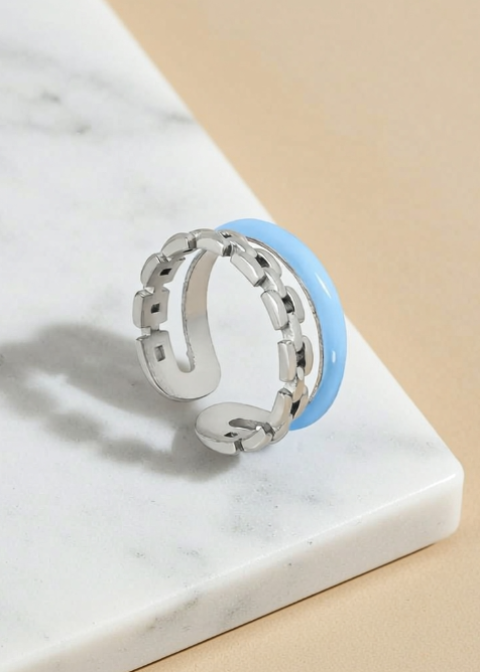 Adjustable Enamel Statement Ring in Gold or Silver, Blue or White Accent
