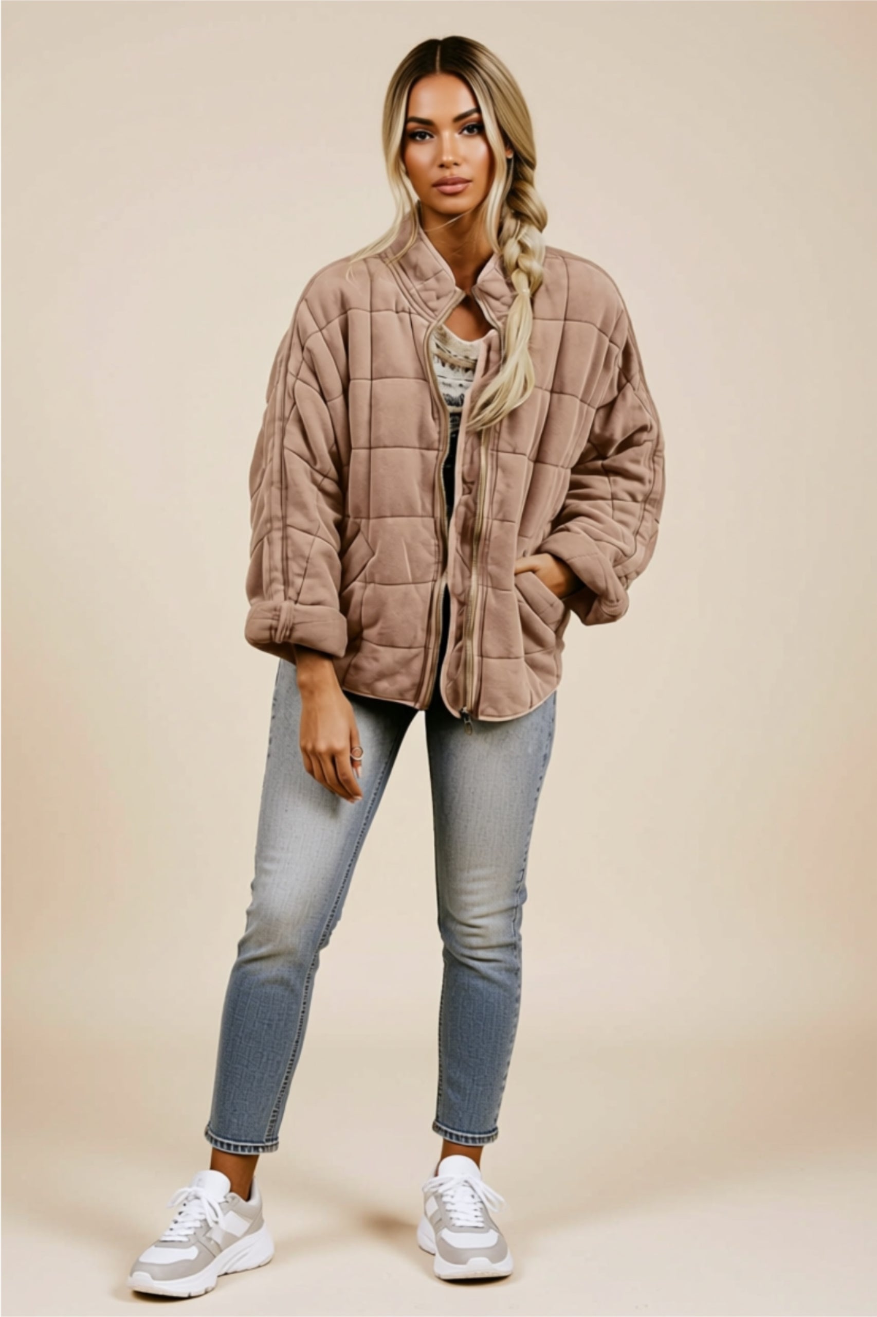 Oversized Quilted Zip-Up Jacket with Pockets