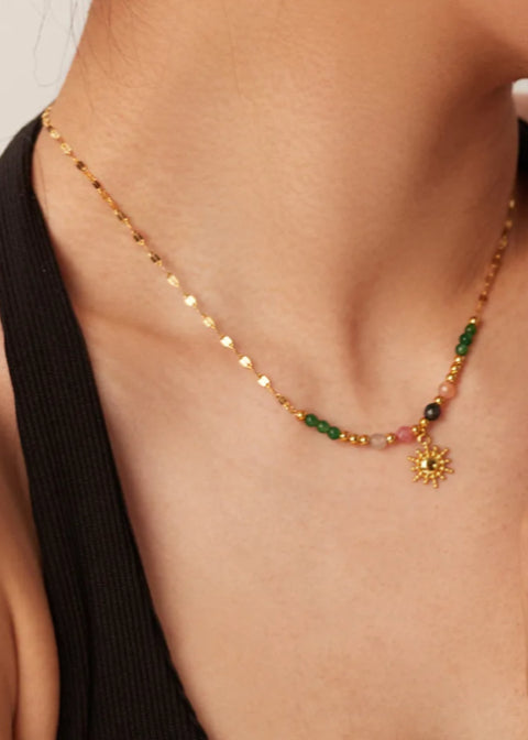 18-Inch 18K Gold-Plated Sun Pendant Necklace with Colorful Beads