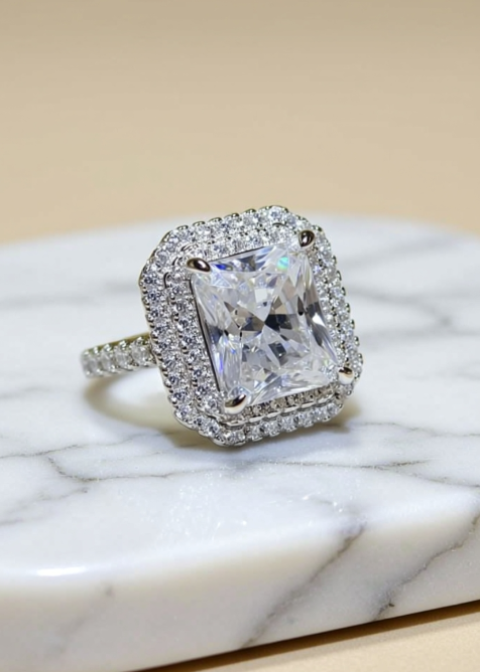 2 Carat Radiant-Cut Moissanite Double Halo Ring in Platinum-Plated Sterling Silver