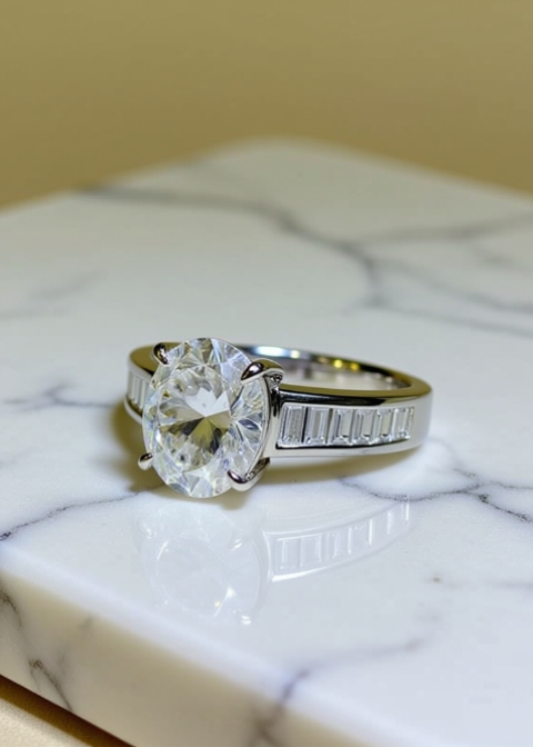 3 Carat Oval-Cut Moissanite Ring with Baguette Accents in .925 Sterling Silver