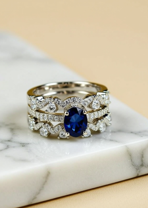 3-Piece 1 Carat Blue Oval Moissanite Stackable Ring Set in .925 Sterling Silver