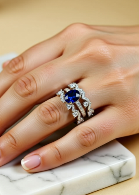 3-Piece 1 Carat Blue Oval Moissanite Stackable Ring Set in .925 Sterling Silver