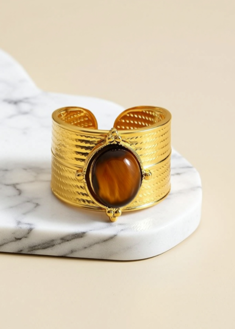 Adjustable Oval Gemstone Statement Ring in Stainless Steel, Tiger Eye, Green Agate or Rose Quartz