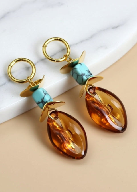 18K Gold-Plated Resin Drop Earrings – Malachite or Turquoise Howlite