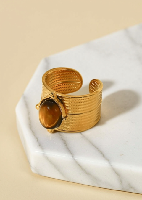 Adjustable Oval Gemstone Statement Ring in Stainless Steel, Tiger Eye, Green Agate or Rose Quartz