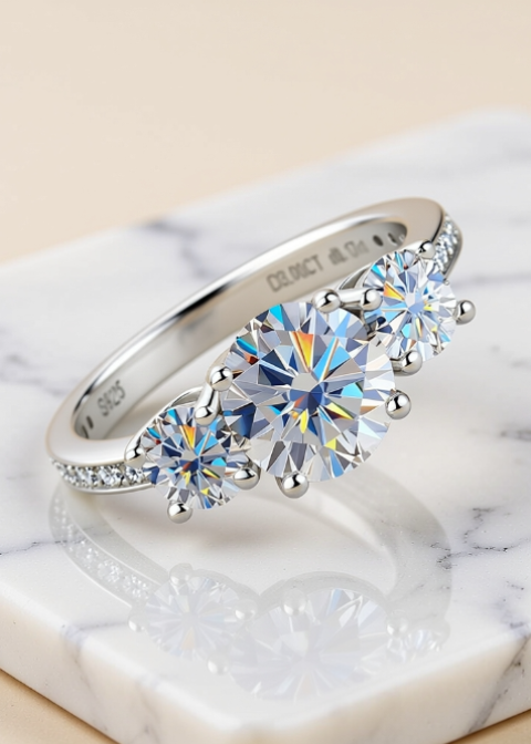 3 Carat Round Moissanite Three-Stone Ring in Platinum-Plated .925 Sterling Silver