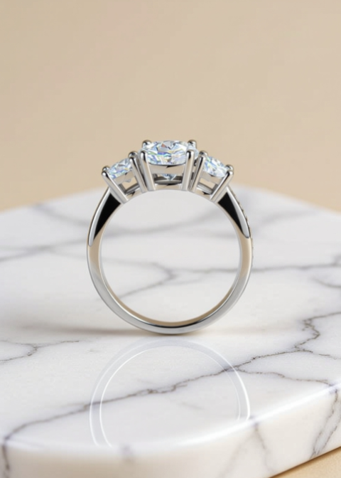 3 Carat Round Moissanite Three-Stone Ring in Platinum-Plated .925 Sterling Silver