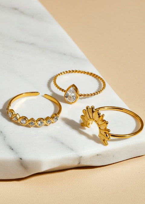 18K Gold-Plated Sunburst Ring Set with Rhinestones | 3-Piece Stackable Rings