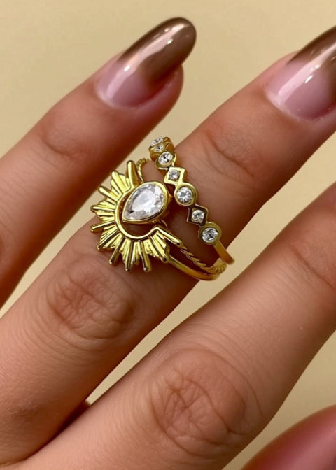 18K Gold-Plated Sunburst Ring Set with Rhinestones | 3-Piece Stackable Rings