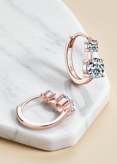 1.3 Carat Two-Stone Moissanite Hoop Earrings in Sterling Silver, Rose Gold or Silver