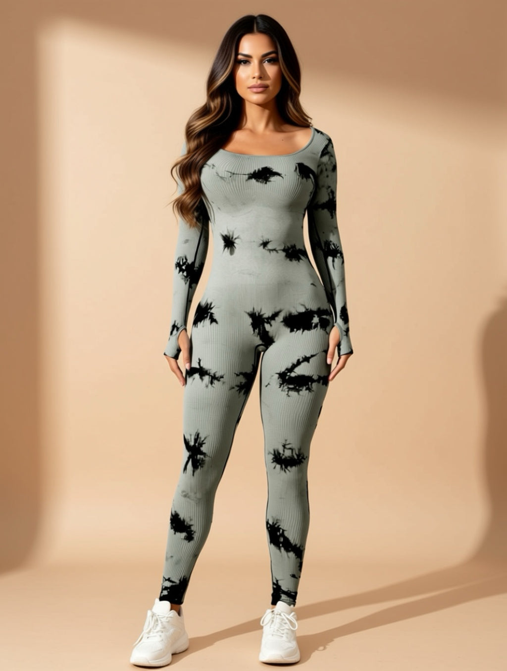 Long Sleeve Ribbed Tie-Dye Jumpsuit