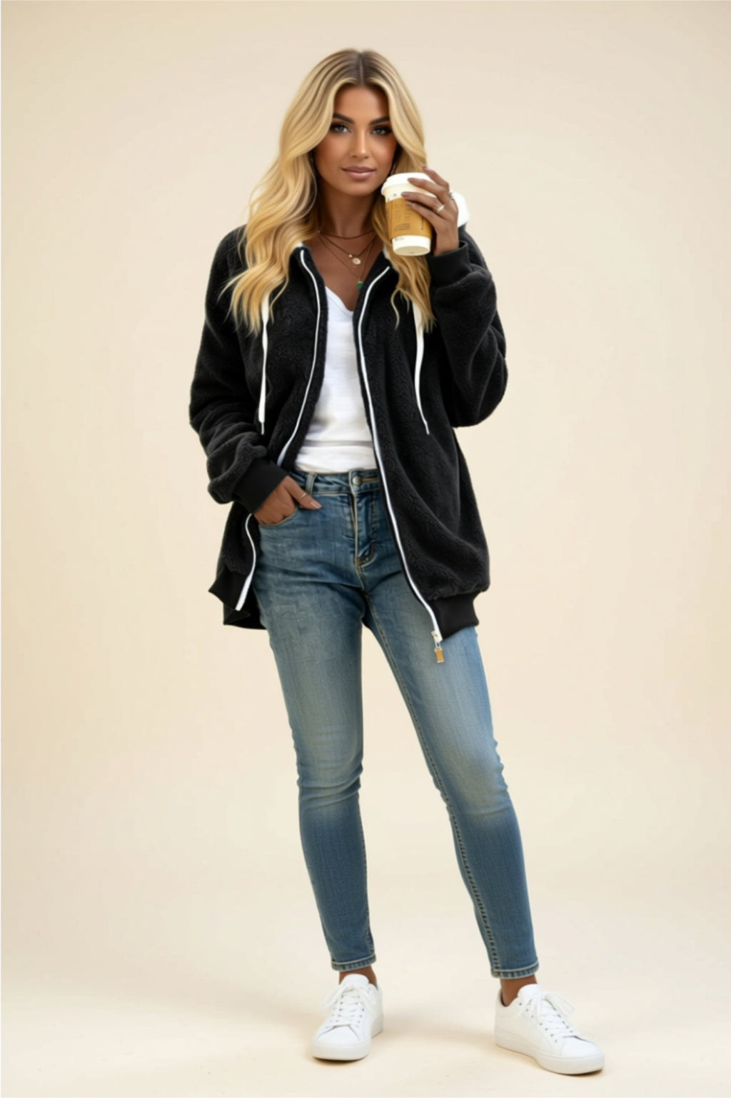 Fleece Zip-Up Hoodie with Drawstring