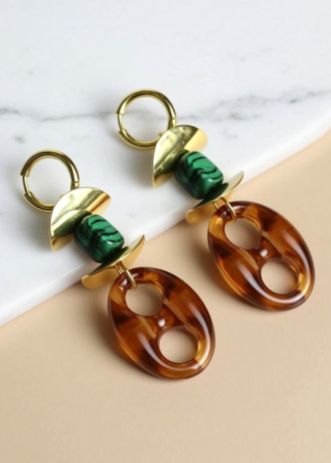 18K Gold-Plated Resin Drop Earrings – Malachite or Turquoise Howlite