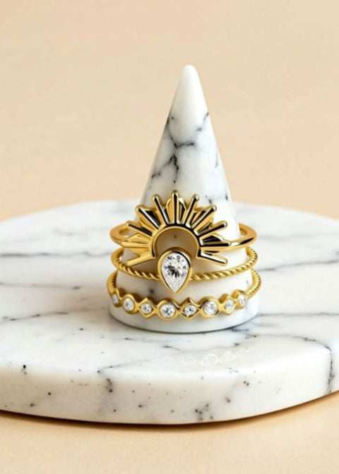 18K Gold-Plated Sunburst Ring Set with Rhinestones | 3-Piece Stackable Rings