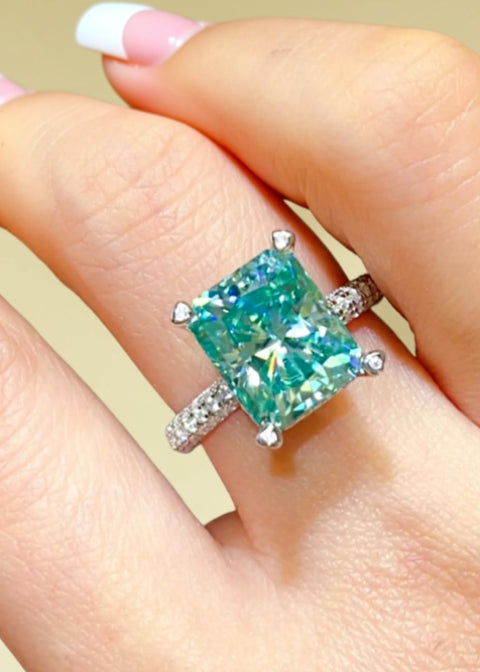 5CT Aqua Moissanite Engagement Ring in Platinum-Plated 925 Sterling Silver
