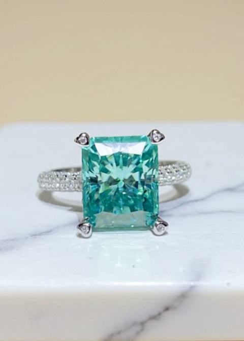 5CT Aqua Moissanite Engagement Ring in Platinum-Plated 925 Sterling Silver