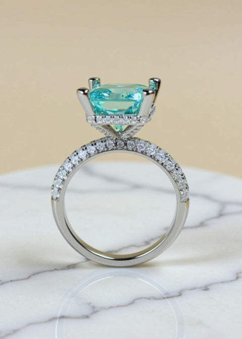 5CT Aqua Moissanite Engagement Ring in Platinum-Plated 925 Sterling Silver