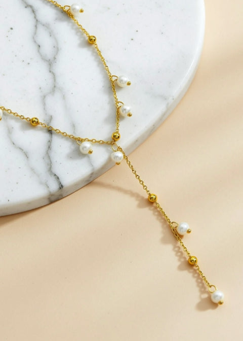 18K Gold-Plated Pearl Y Necklace in Titanium Steel, 15–17 Inch