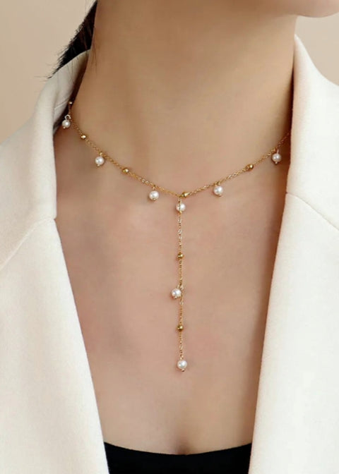 18K Gold-Plated Pearl Y Necklace in Titanium Steel, 15–17 Inch