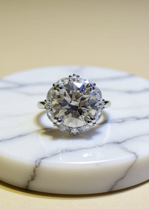 5CT Round Moissanite Halo Engagement Ring in Platinum-Plated 925 Sterling Silver