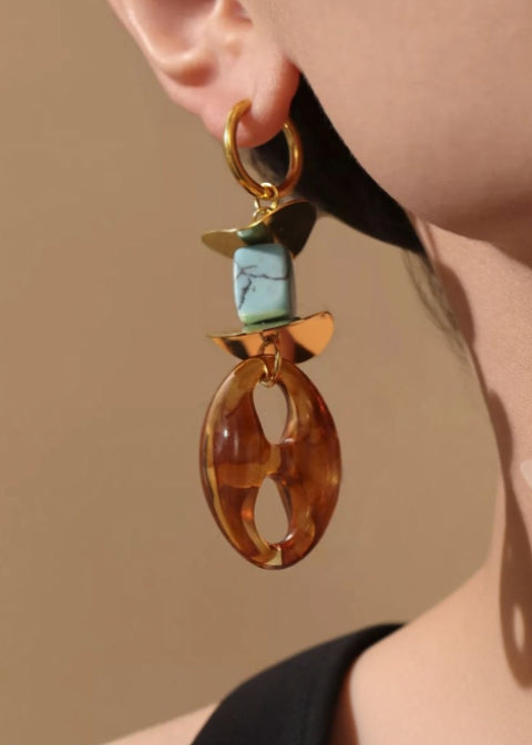 18K Gold-Plated Resin Drop Earrings – Malachite or Turquoise Howlite