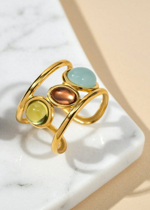 18K Gold-Plated Adjustable Multicolor Glass Ring | Stainless Steel Open Cuff Ring