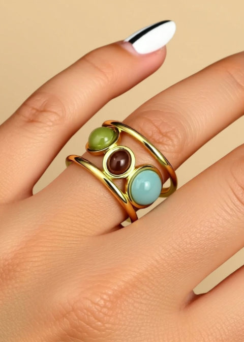 18K Gold-Plated Adjustable Multicolor Glass Ring | Stainless Steel Open Cuff Ring