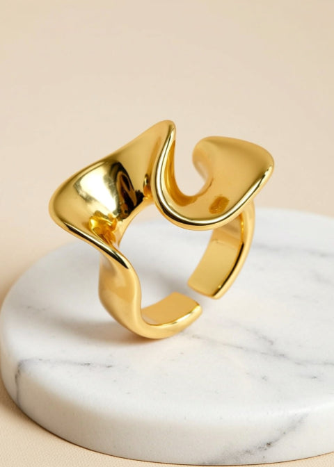 18K Gold-Plated Adjustable Sculptural Ring | Stainless Steel Open Statement Ring