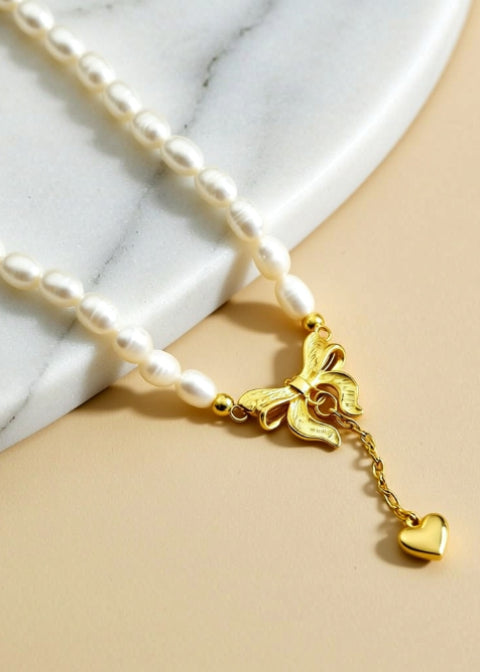 Freshwater Pearl Bow Necklace, Gold-Plated Titanium Steel, 15-Inch Choker with 3-Inch Extender