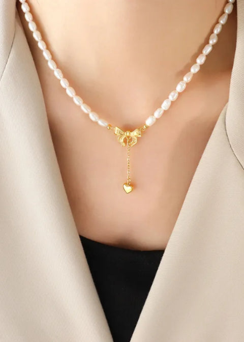 Freshwater Pearl Bow Necklace, Gold-Plated Titanium Steel, 15-Inch Choker with 3-Inch Extender