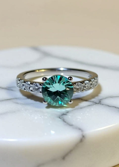 1CT Round Moissanite Ring in Platinum-Plated 925 Sterling Silver with Zircon Accents