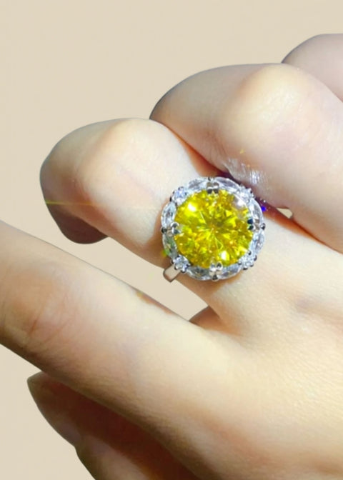 5 Carat Yellow Moissanite Halo Ring | Platinum-Plated 925 Sterling Silver