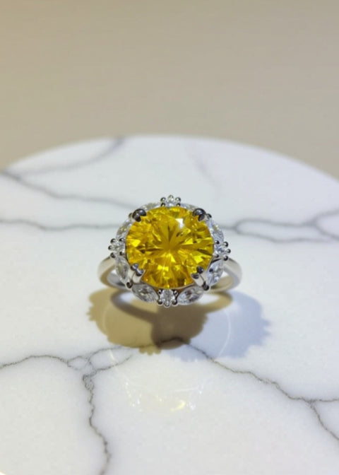 5 Carat Yellow Moissanite Halo Ring | Platinum-Plated 925 Sterling Silver