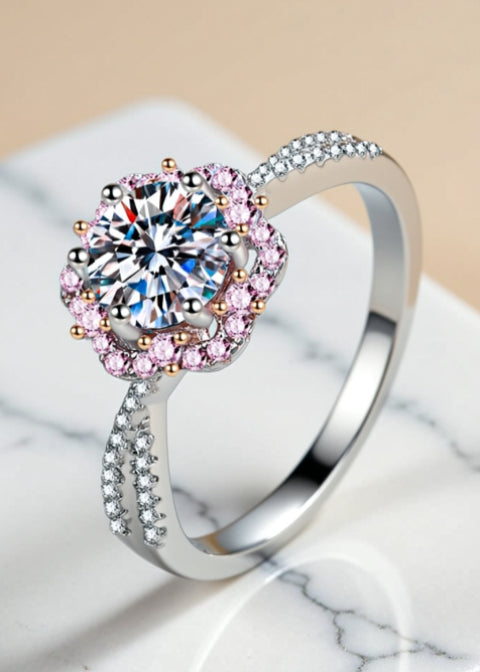 1 Carat Moissanite Pink Halo Ring | Platinum-Plated 925 Sterling Silver
