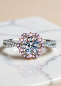 1 Carat Moissanite Pink Halo Ring | Platinum-Plated 925 Sterling Silver