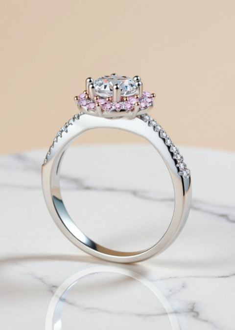 1 Carat Moissanite Pink Halo Ring | Platinum-Plated 925 Sterling Silver