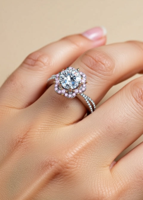 1 Carat Moissanite Pink Halo Ring | Platinum-Plated 925 Sterling Silver