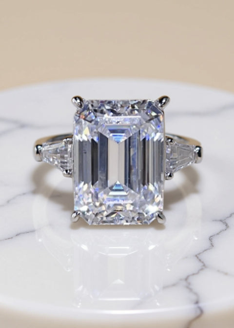 10 Carat Emerald-Cut Moissanite Engagement Ring | Platinum-Plated Sterling Silver