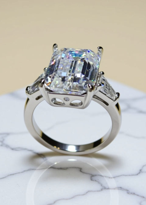10 Carat Emerald-Cut Moissanite Engagement Ring | Platinum-Plated Sterling Silver