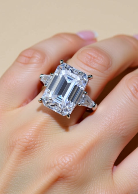 10 Carat Emerald-Cut Moissanite Engagement Ring | Platinum-Plated Sterling Silver