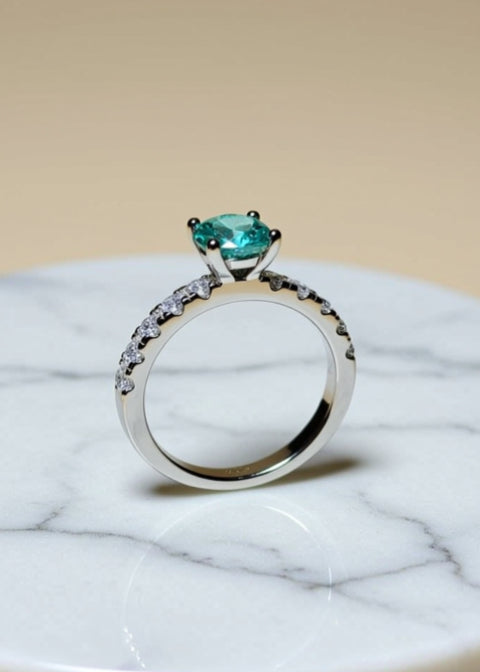 1CT Round Moissanite Ring in Platinum-Plated 925 Sterling Silver with Zircon Accents