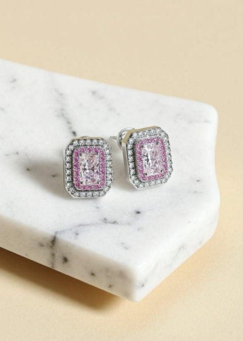 1 CT Rectangular Moissanite Halo Stud Earrings | 925 Sterling Silver