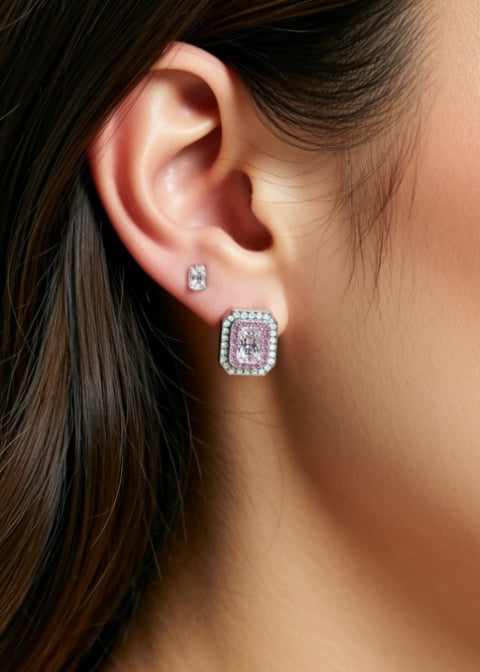 1 CT Rectangular Moissanite Halo Stud Earrings | 925 Sterling Silver