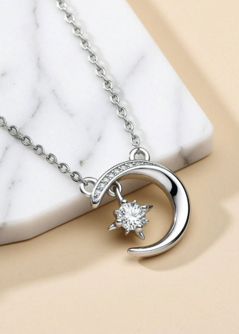 Moissanite Crescent Moon and Star Necklace | 925 Sterling Silver, 16-Inch