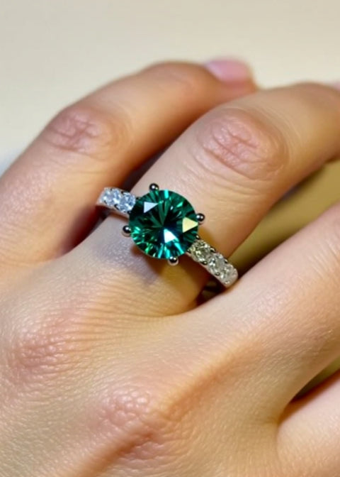 1CT Round Moissanite Ring in Platinum-Plated 925 Sterling Silver with Zircon Accents
